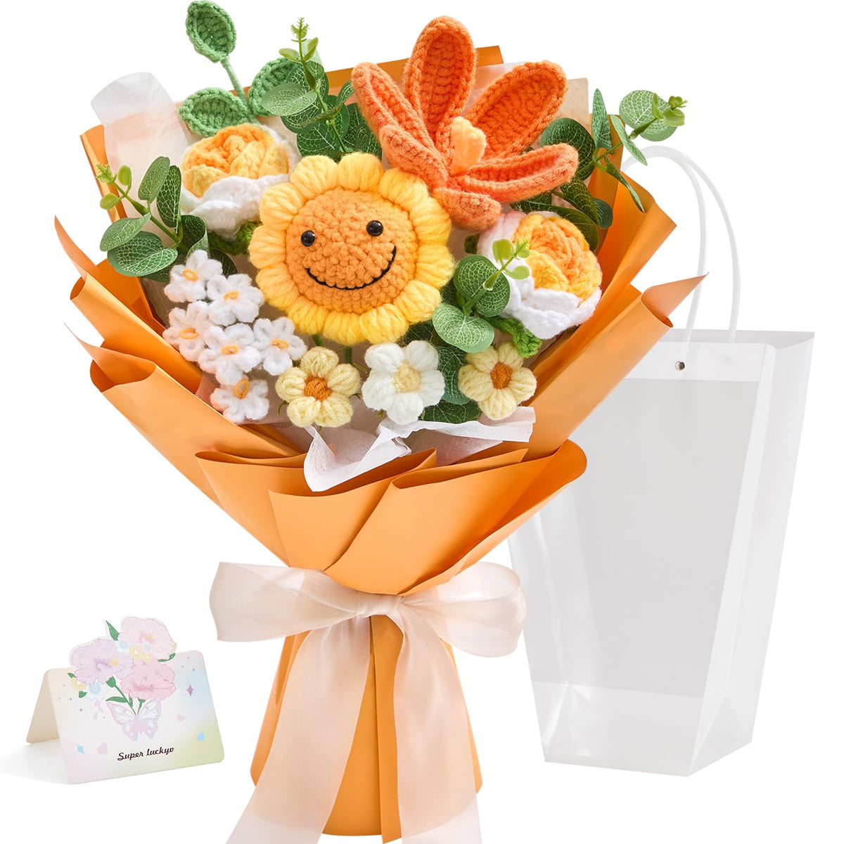 Faylifeway crochet sunflower bouquet assembled showing vibrant orange petals and handmade texture
