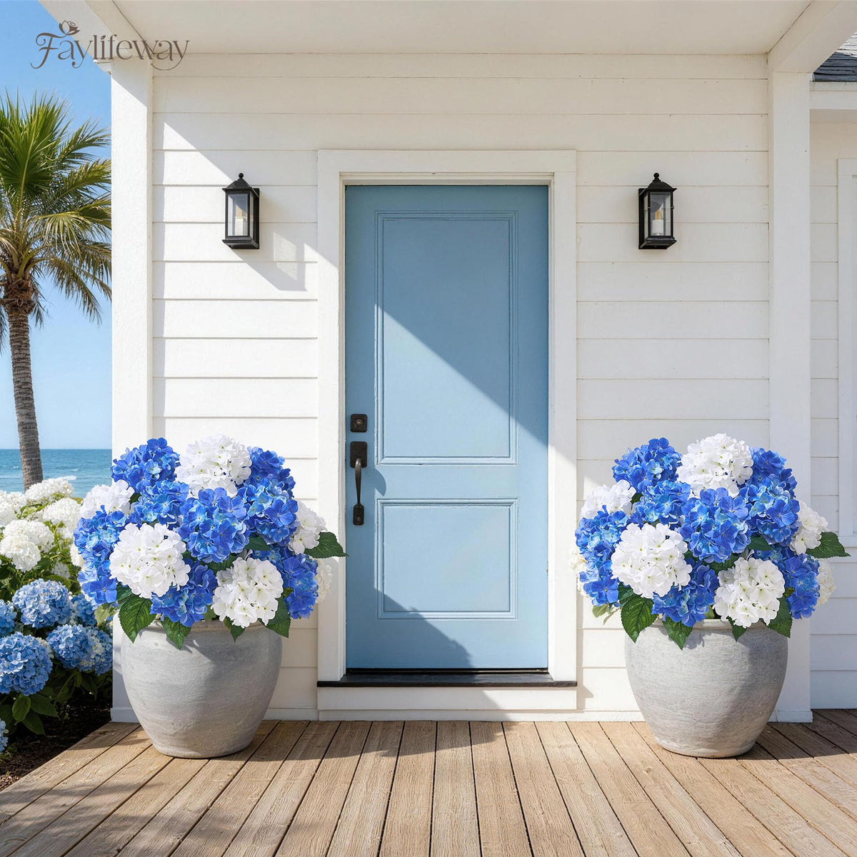 Faylifeway faux hydrangeas along fence line provide weather-ready color.