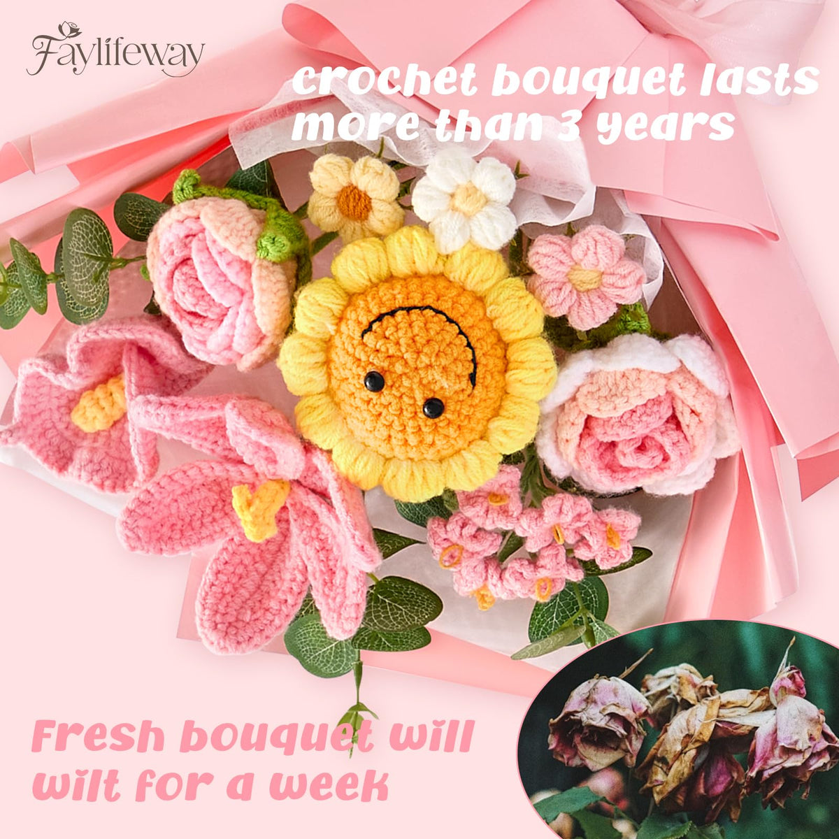 Home decor display idea featuring Faylifeway crochet bouquet on a table.