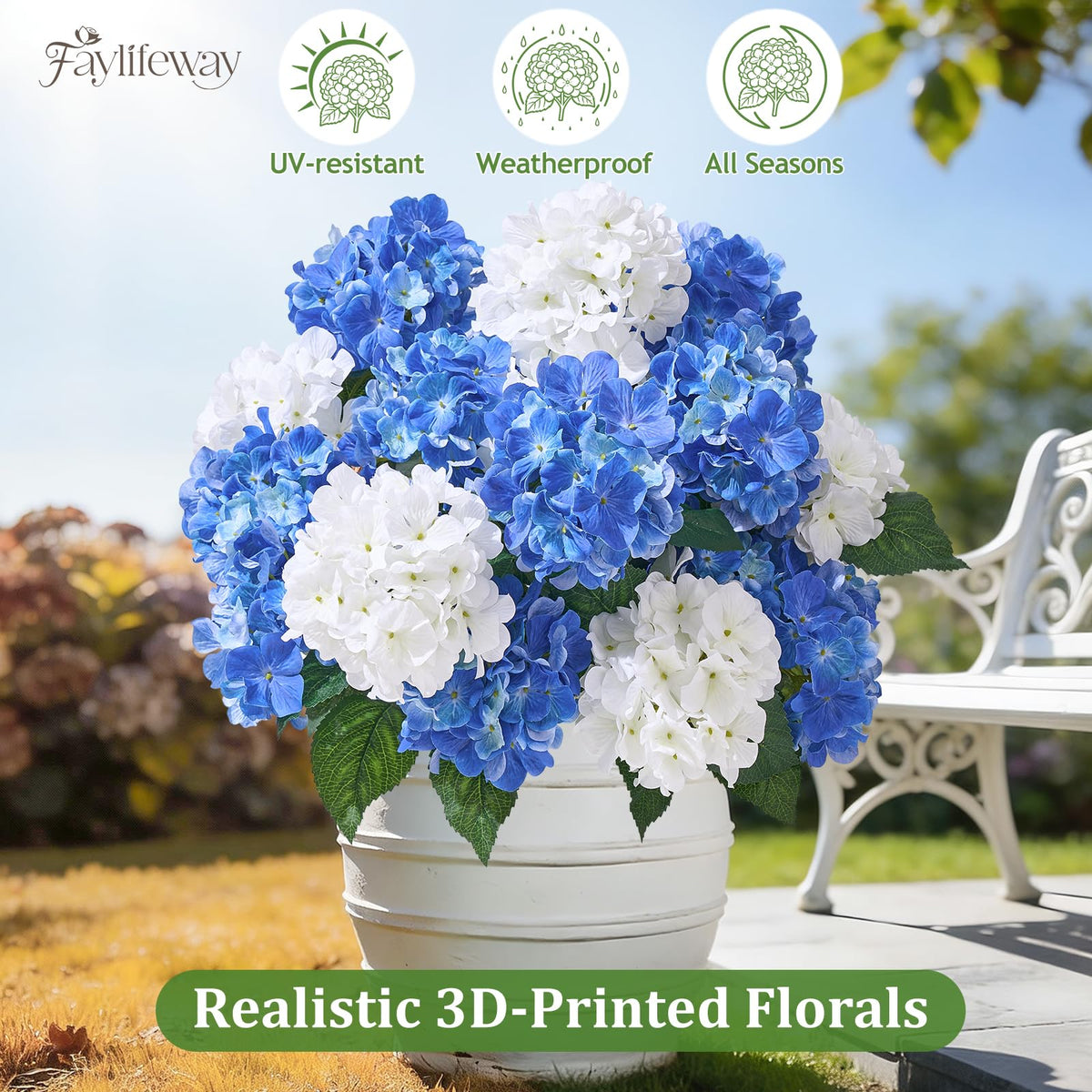 Faylifeway outdoor hydrangea close-up white blue blooms UV-resistant for year-round beauty.