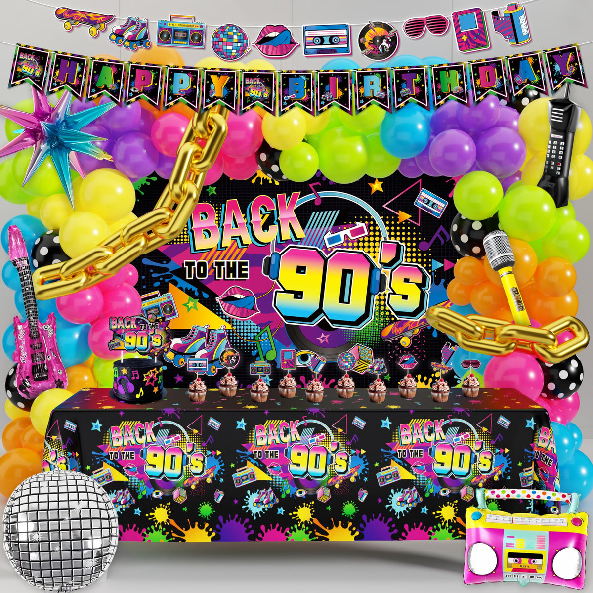 Fayoo 90s party banner happy birthday adds retro flair for photo-worthy celebrations.