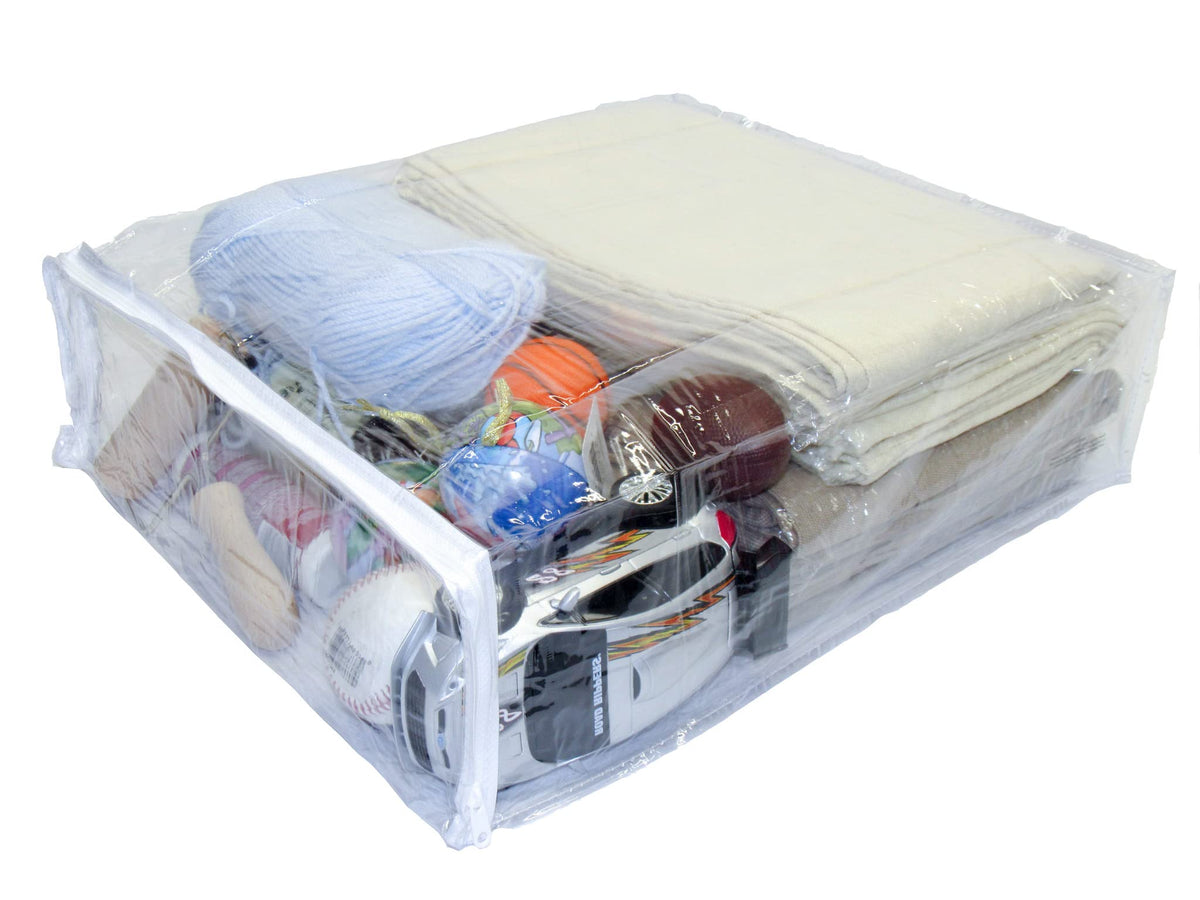 FBA set of 5 clear zippered bags displayed for compact storage and clutter-free closet organization.