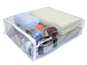 FBA set of 5 clear zippered bags displayed for compact storage and clutter-free closet organization.