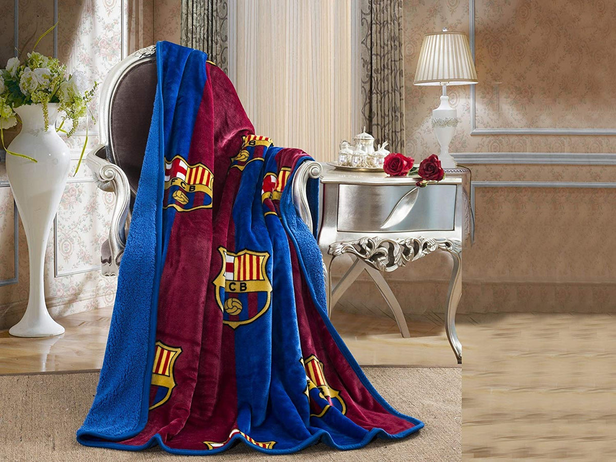 FCBarcelona Silk Touch Sherpa-Lined Throw blanket for indoor and outdoor warmth.