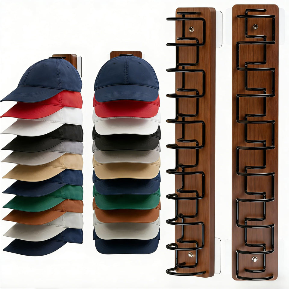 FDIDC hat organizer double pack on wall showing wood and metal frame for organized storage.
