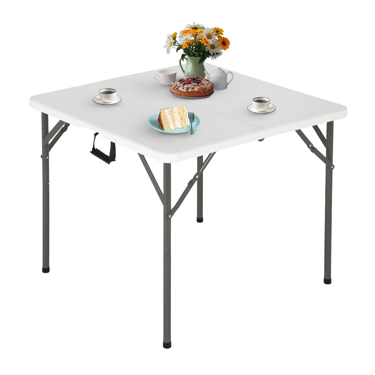 FDW 34inch folding card table with white top, ideal for compact storage and easy transport.