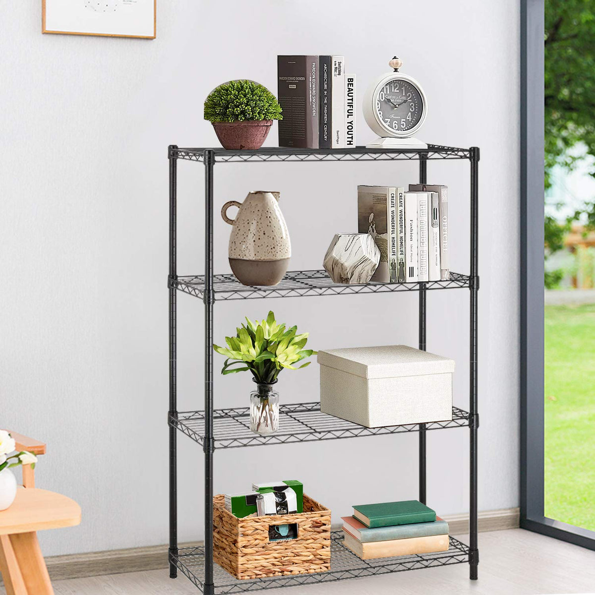 FDW 4-tier adjustable shelves in black offer customizable closet storage.