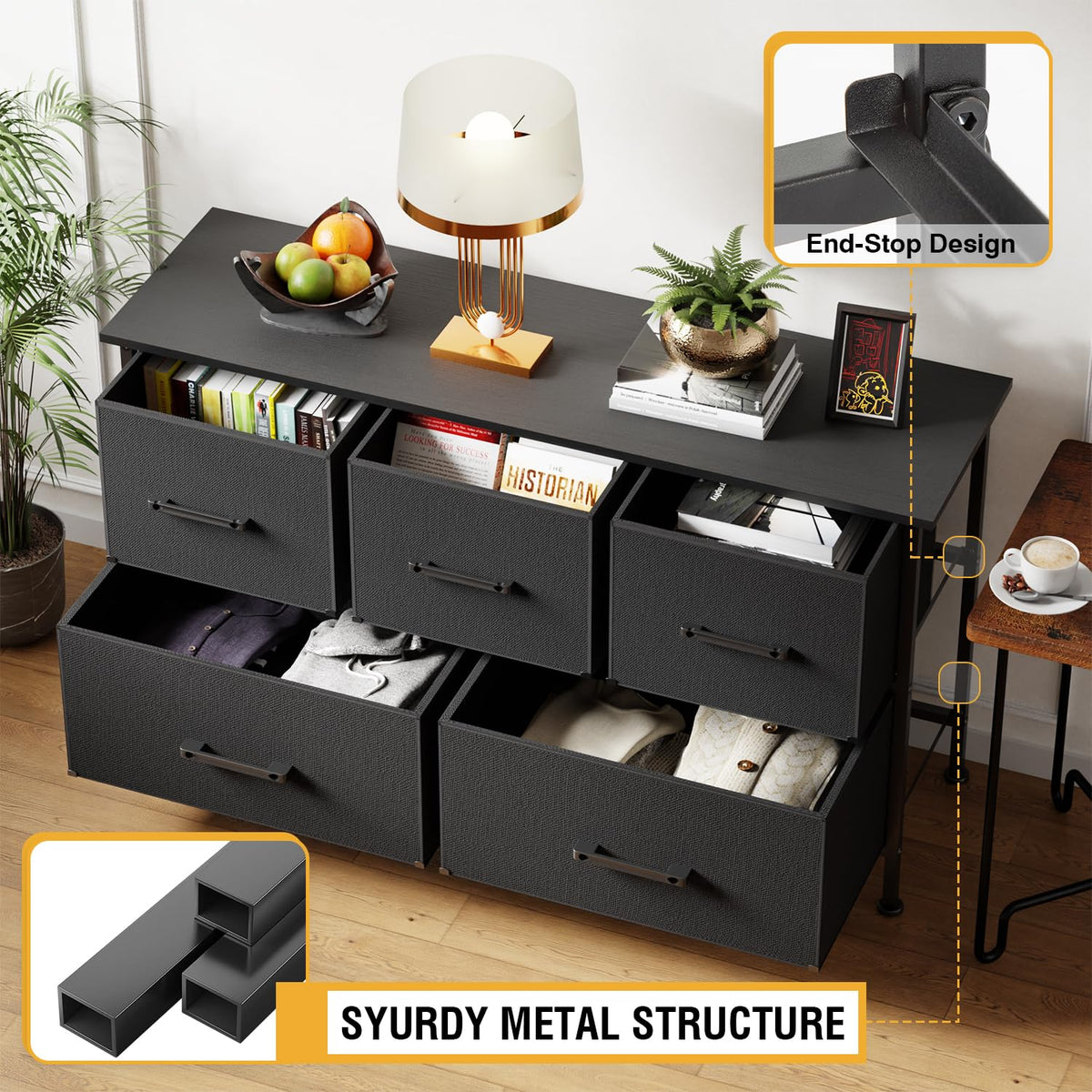 FDW 5-Drawer Dresser drawers open showing easy access to clothes and essentials.