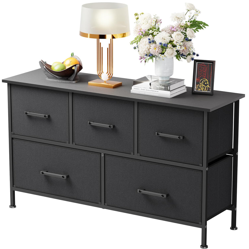 FDW 5-Drawer Dresser front view with wood top and fabric drawers for organization.