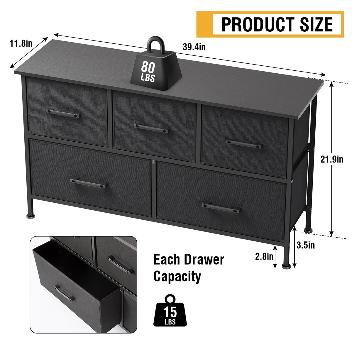FDW 5-Drawer Dresser can function as TV stand or bedside storage.