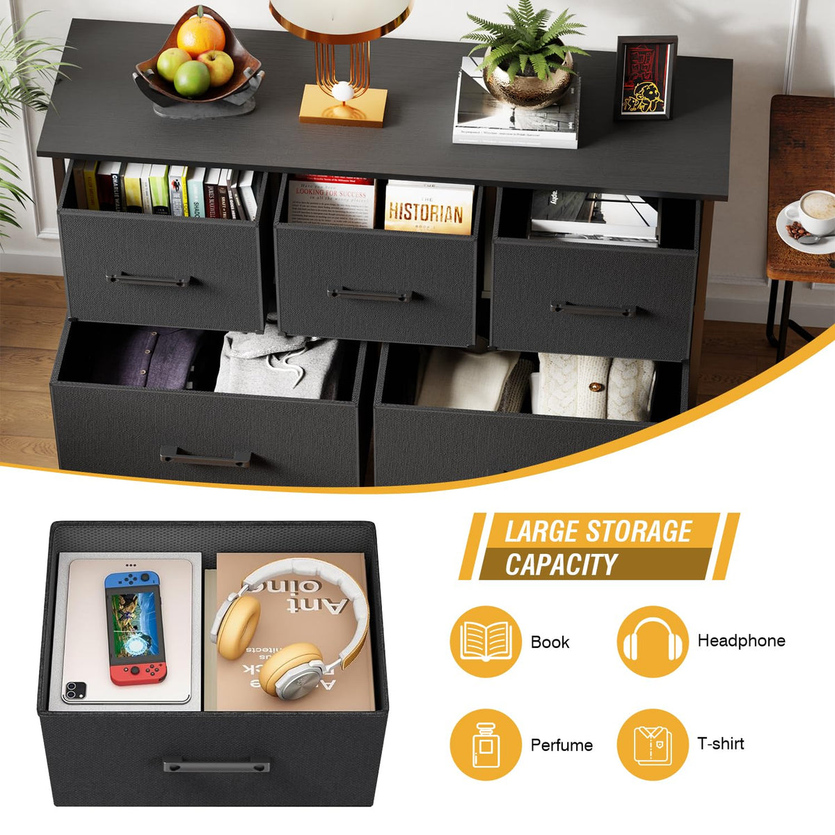 FDW 5-Drawer Dresser wooden top supports up to 80 lbs for versatile use.