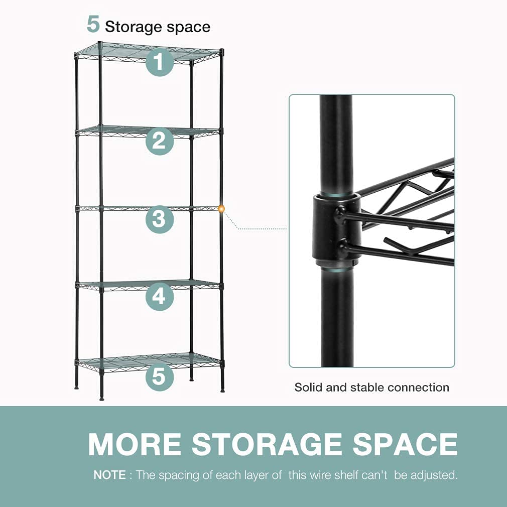 FDW five-shelf wire shelving with a black finish for kitchen, garage, or office.