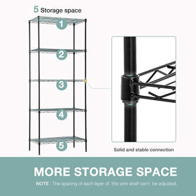 FDW five-shelf wire shelving with a black finish for kitchen, garage, or office.