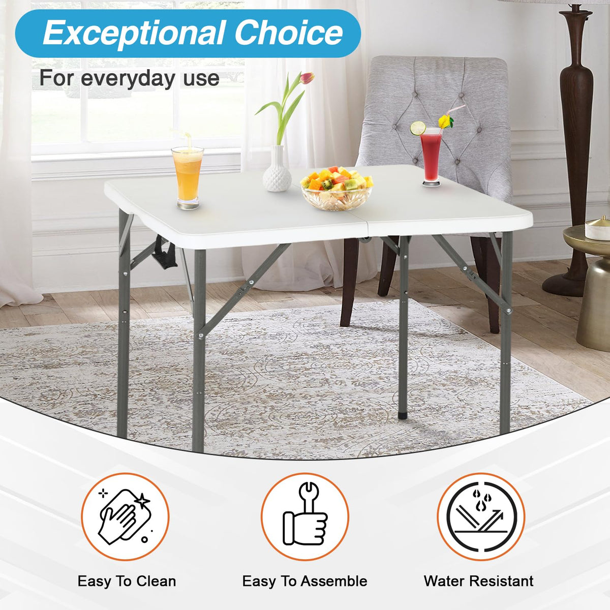 FDW stain-resistant plastic top, resists spills for simple cleaning after meals.