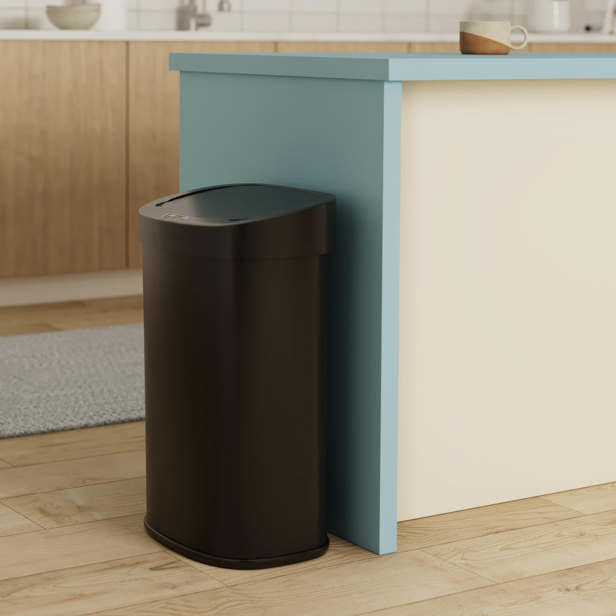 FDW trash can lid opening action, convenient hands-free waste disposal after cooking.