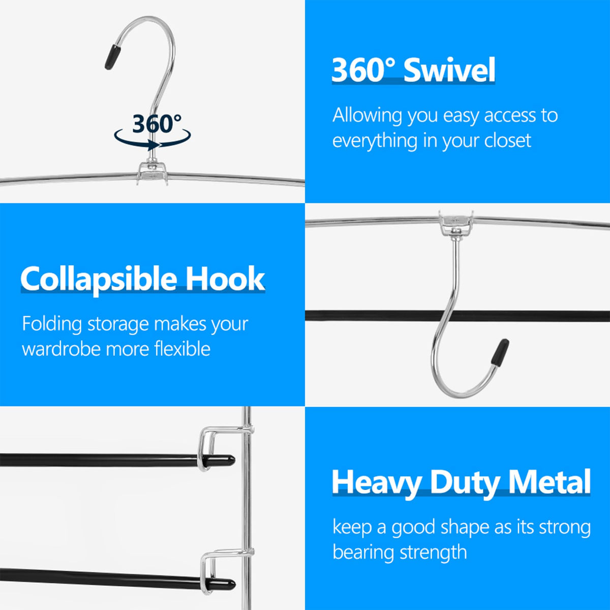 Feasteery pants hangers show 360° rotating hook for versatile closet access