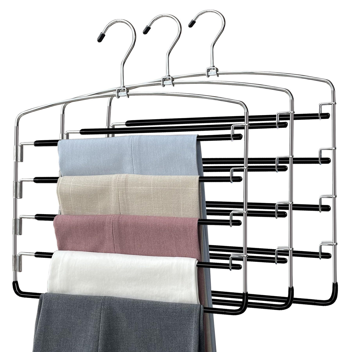 Feasteery 5-tier pants hanger setup for organized closet and quick outfit prep.