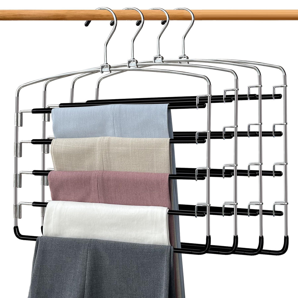 Feasteery pants hangers with 5-tier swing arms organize pants efficiently