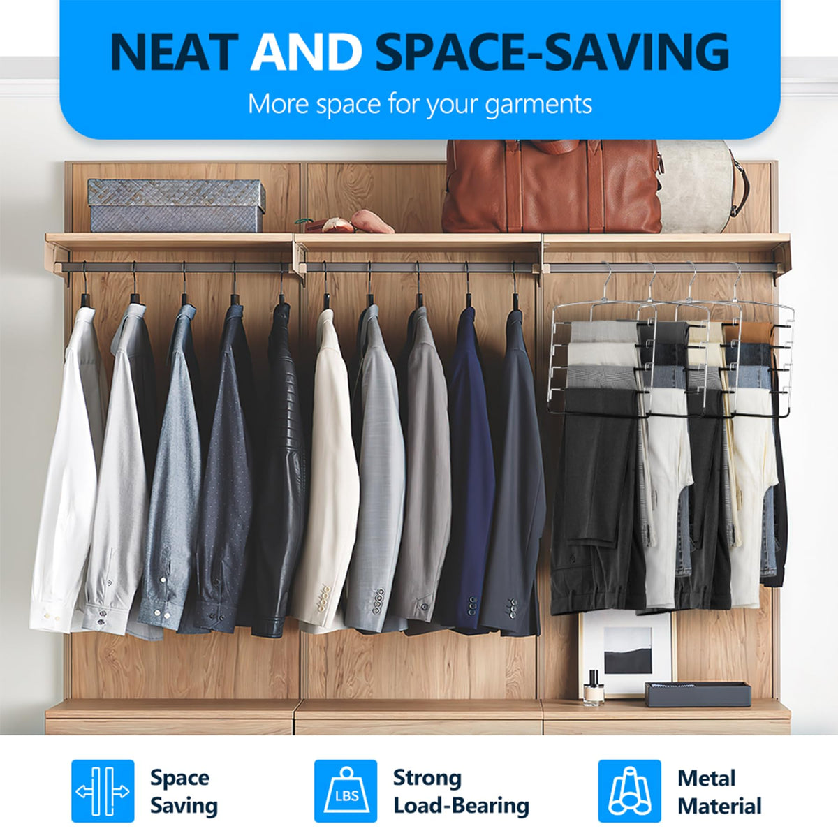Feasteery space-saving design helps reclaim closet space and reduce wrinkles.