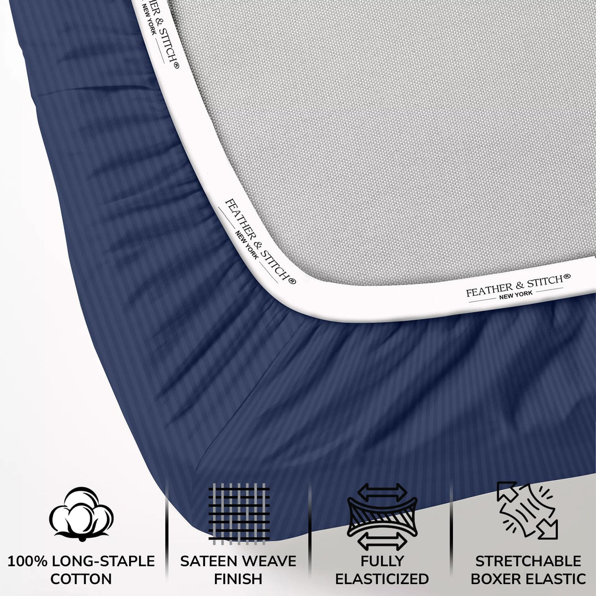 Feather & Stitch New York 500TC damask sheet with dark blue stripe detail and color depth