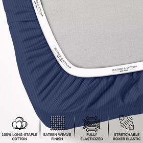 Feather & Stitch New York 500TC damask sheet with dark blue stripe detail and color depth