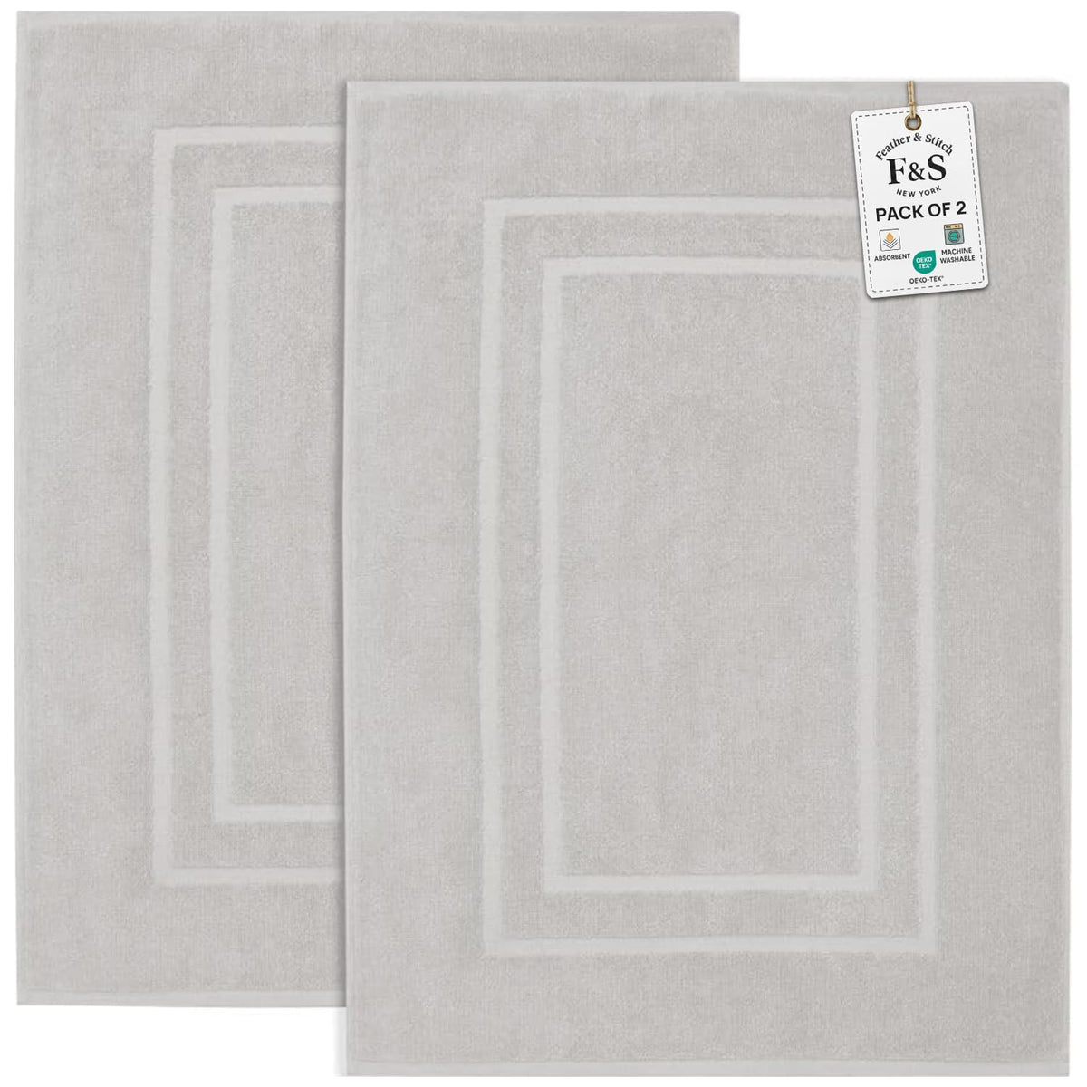 Feather & Stitch New York bath mats set front view, plush absorbent texture for quick drying.