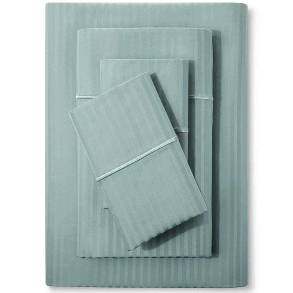 Feather & Stitch New York granite green stripe set shown in a hotel-inspired bedroom for luxury.