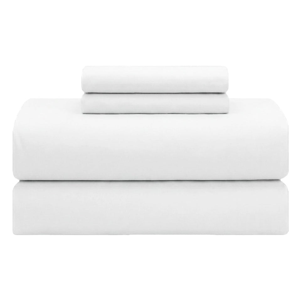 Feather & Stitch New York percale sheets folded for a crisp white hotel-like look