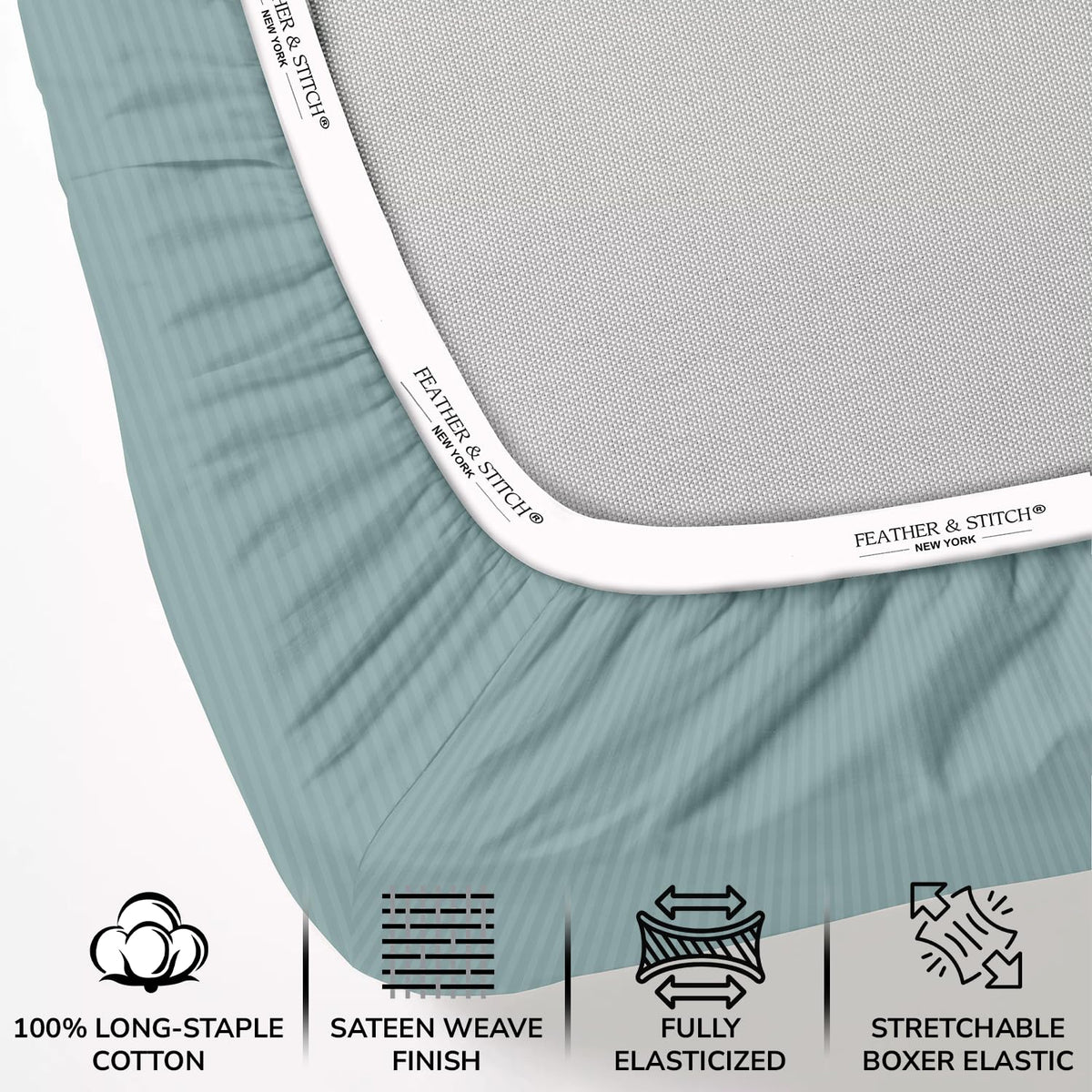 Feather & Stitch New York sateen weave texture emphasizes breathable comfort for hot sleepers.