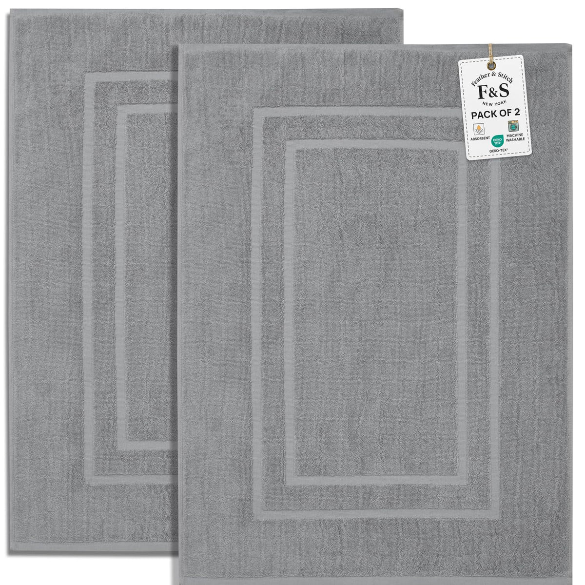 Feather & Stitch New York towel-like bath mat set with dark grey plush for post shower comfort