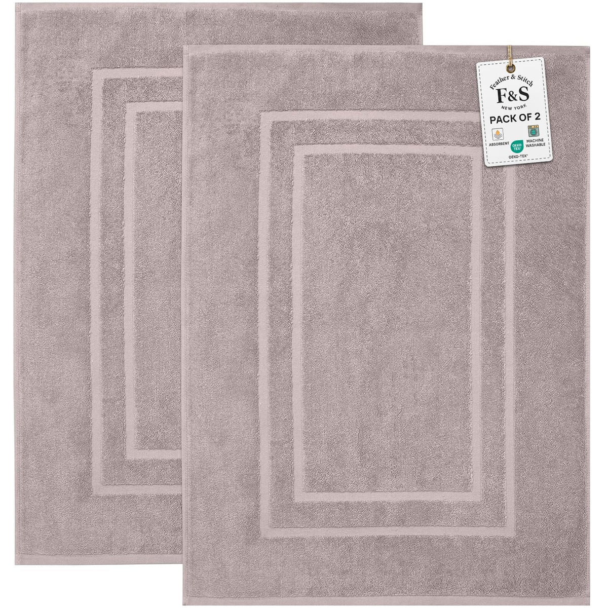 Feather and Stitch New York towel-like bath mat in taupe shows plush absorbent texture after shower.