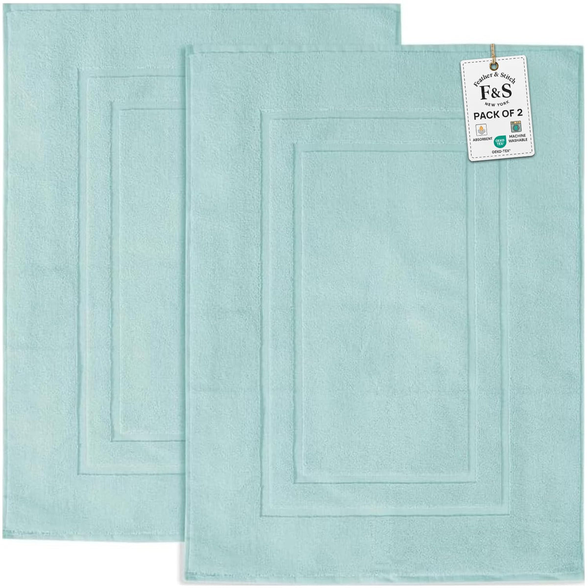 Feather & Stitch Sea Foam 2pc bath mat pack offers plush comfort after showers.