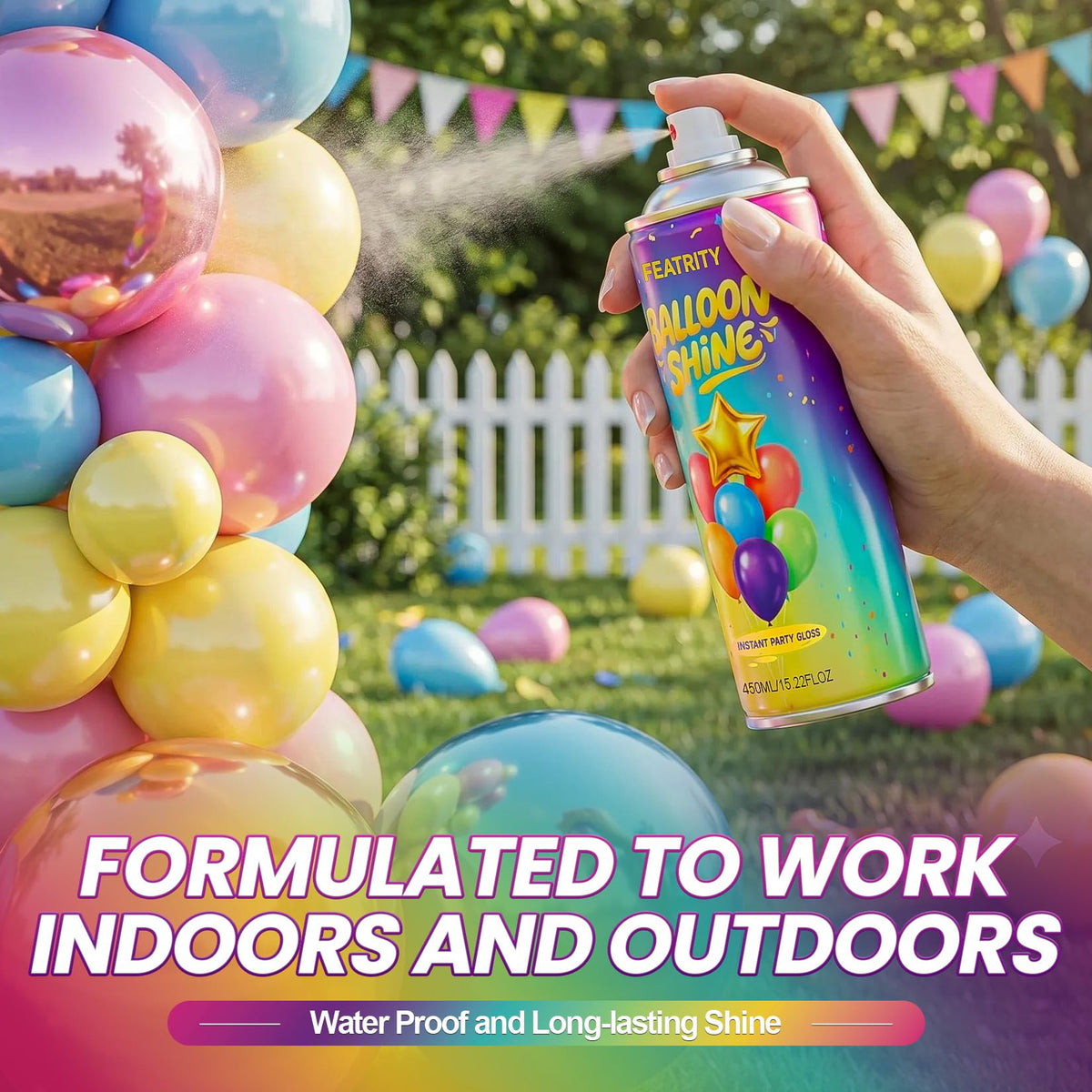 Featrity spray ideal for indoor and outdoor balloon décor.