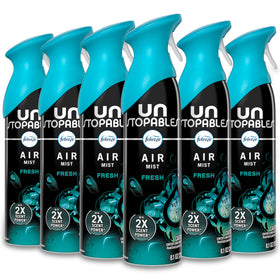 Febreze Air Mist bottle closeup showing odor-fighting freshness for every room.