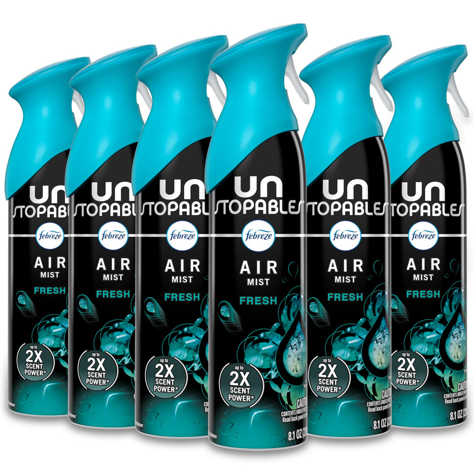 Febreze Air Mist bottle closeup showing odor-fighting freshness for every room.