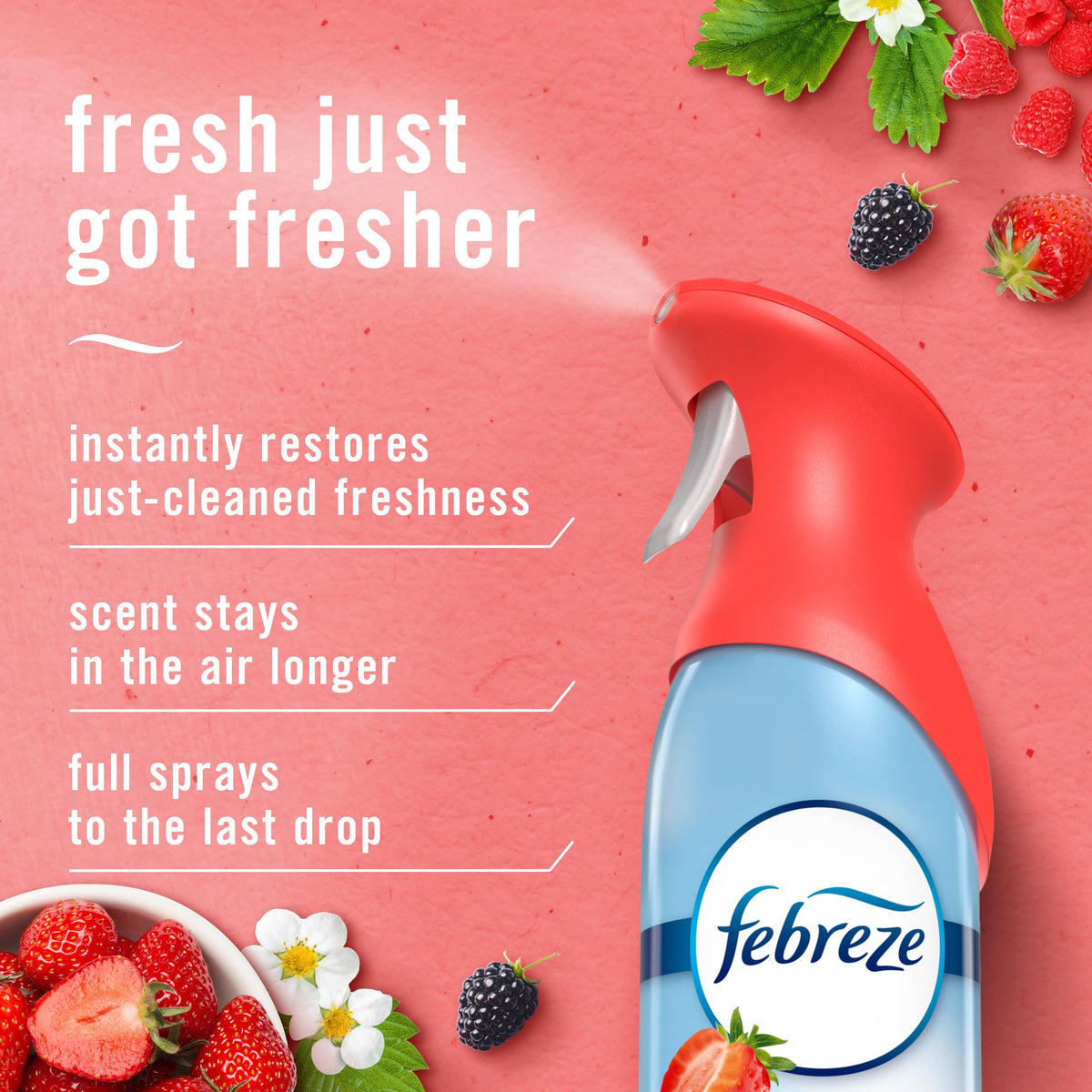 Febreze Air Mist fine-mist particles linger in the air, helping manage odors for hours.