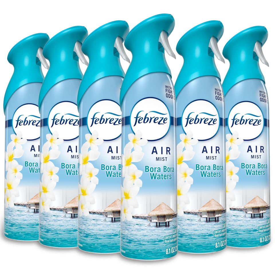 Febreze Bora Bora Waters air mist pack front shows 6-pack convenience for quick room refreshment.