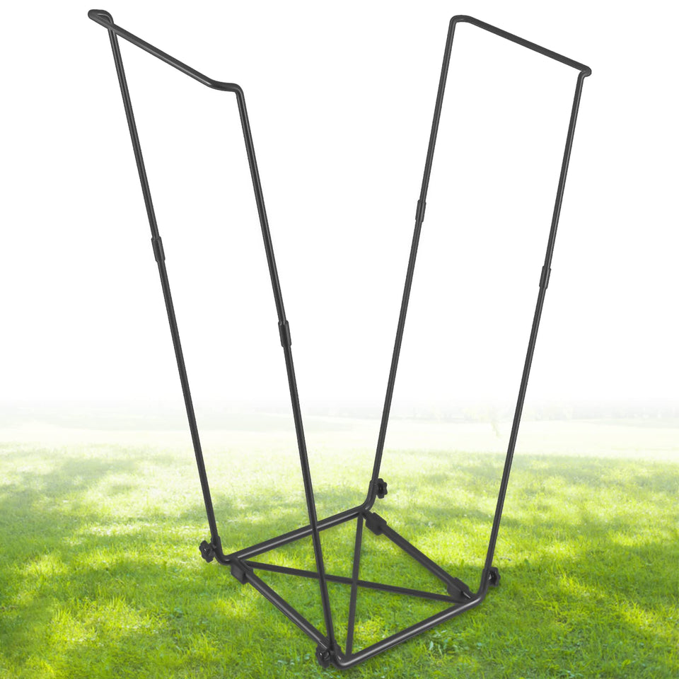 FEED GARDEN trash bag holder in use outdoors, keeps bags open for easy disposal