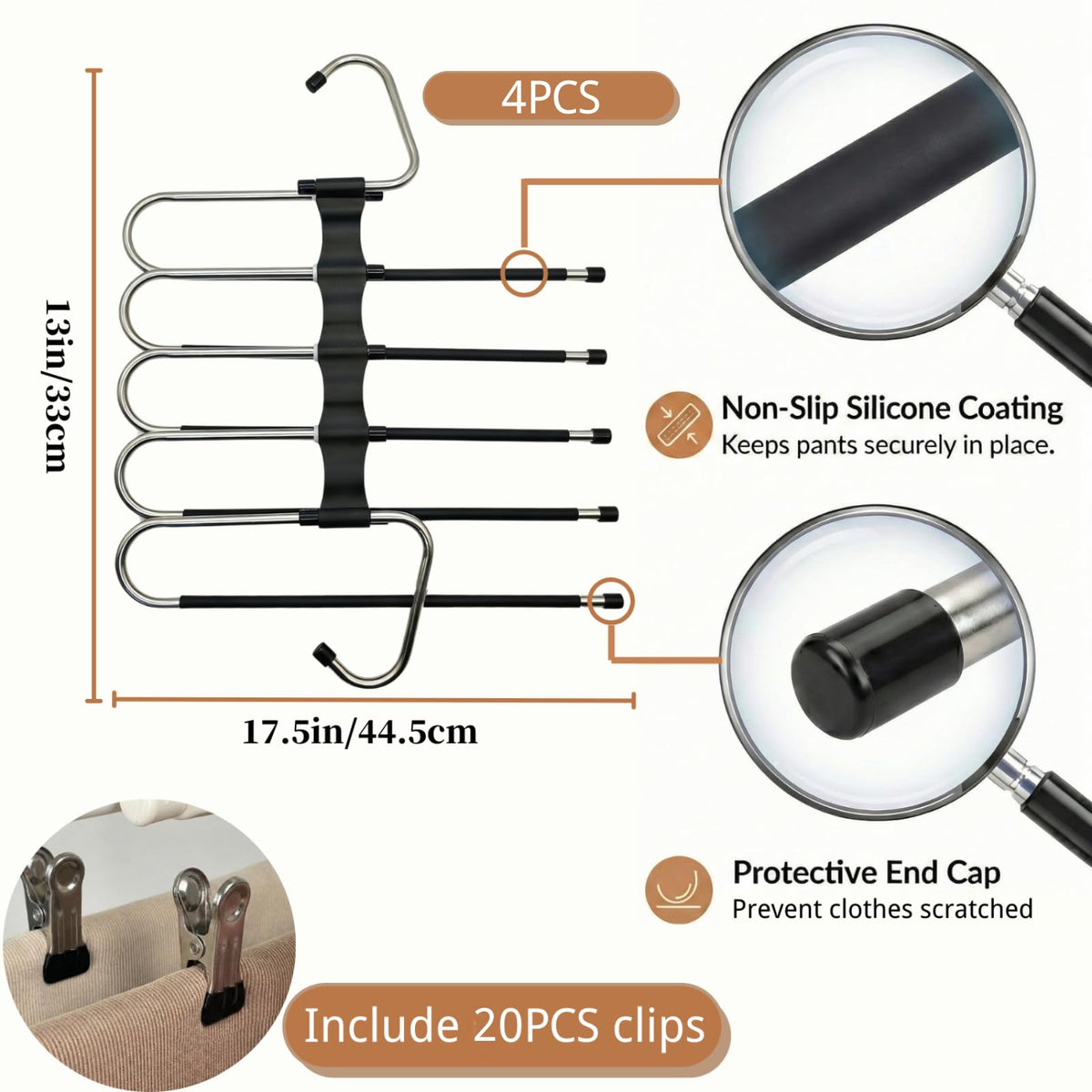 FeeraHozer heavy-duty stainless steel pants hanger preserves shape for jeans and trousers.
