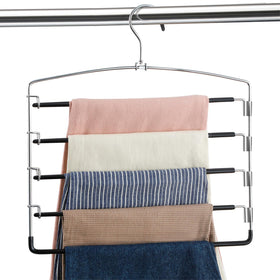 FeeraHozer five-tier swing-arm hanger showcases space-saving organization for jeans