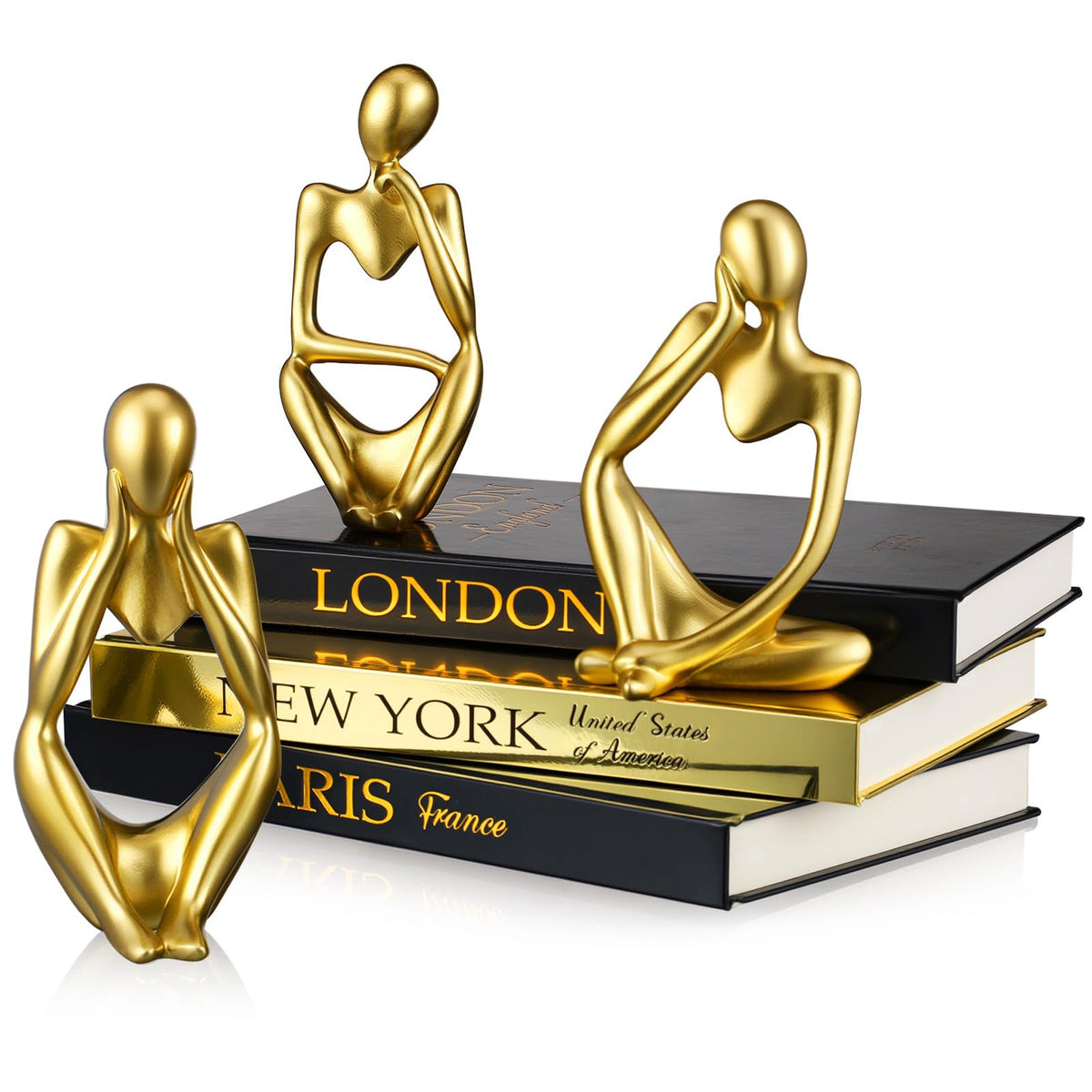 Feifeiya gold thinker statue decor book set on a shelf adds elegant contrast.