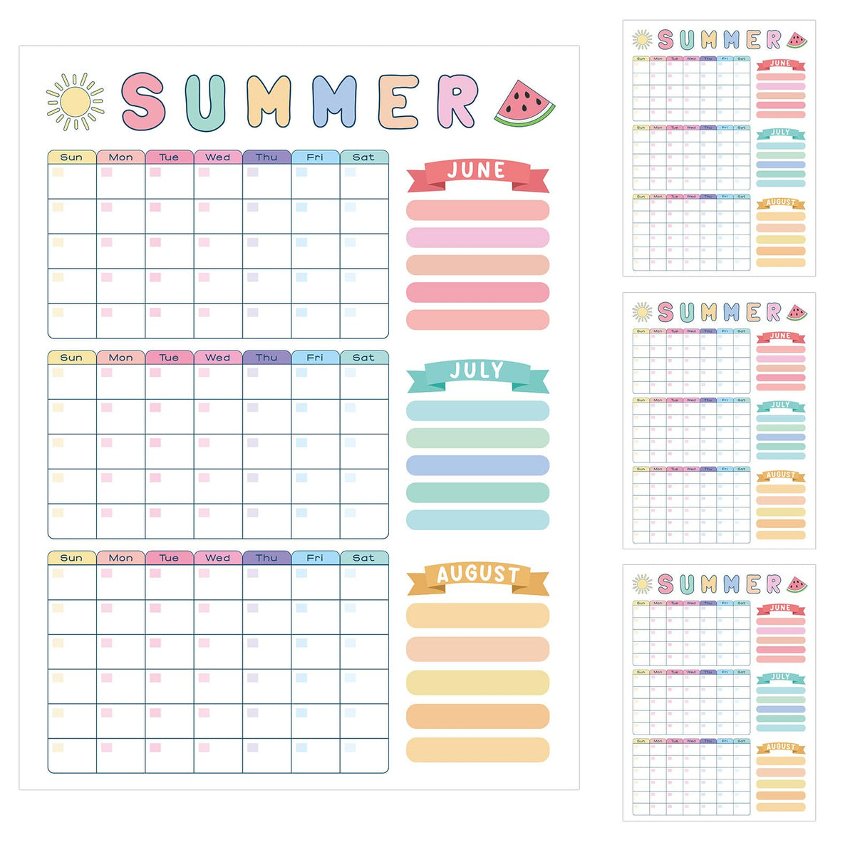 Feifeiya Summer Calendar Poster 4-Pack with blank spaces for coloring and family planning