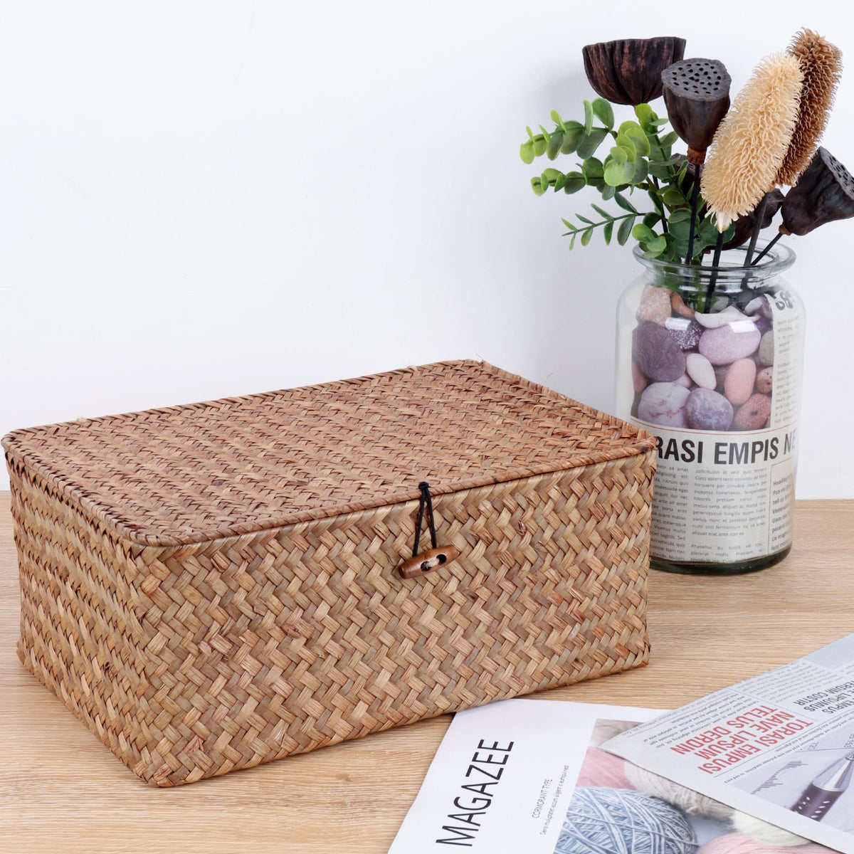 FEILANDUO handwoven basket boxes neatly stacked on a shelf in coffee tones.