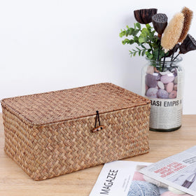 FEILANDUO handwoven basket boxes neatly stacked on a shelf in coffee tones.