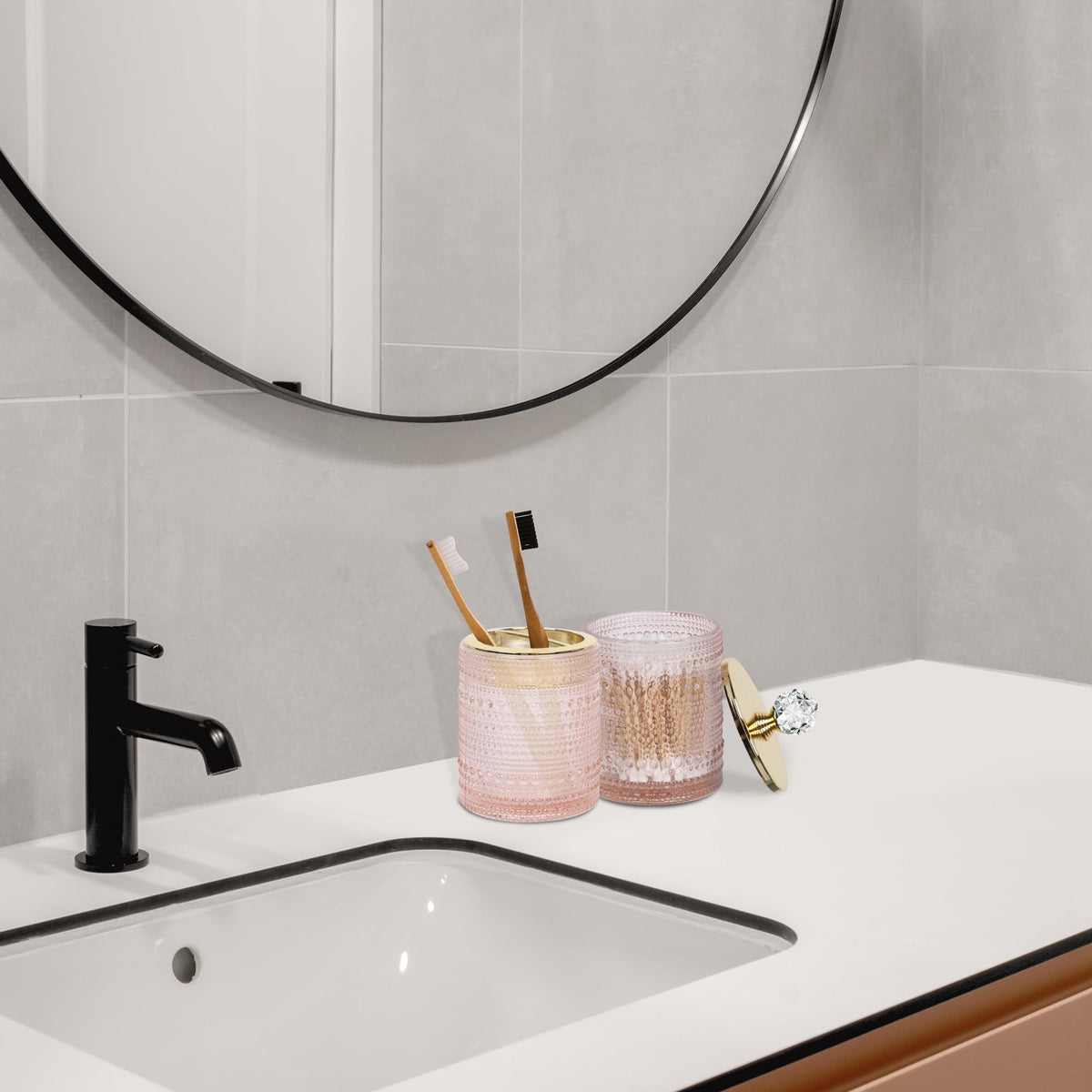 FEILANDUO pink glass bathroom set on counter elevates space