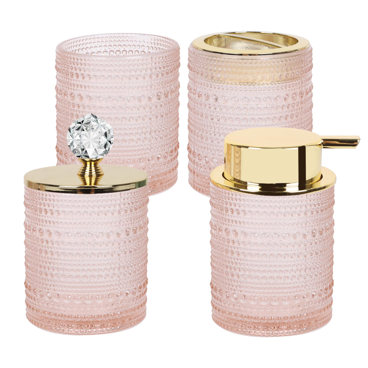 FEILANDUO pink glass soap dispenser with gold pump adds luxe touch to bathroom