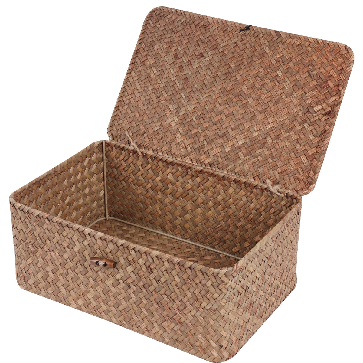 FEILANDUO wicker basket with lid on a coffee shelf keeps items organized.
