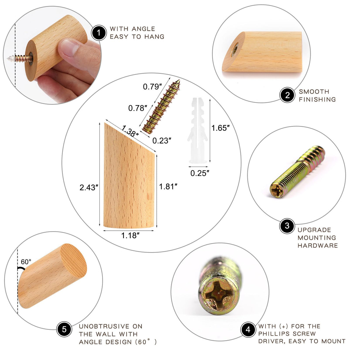 Felidio beech wood wall hooks installation hardware included for easy setup.