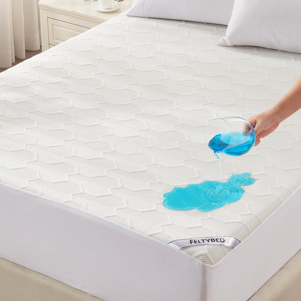 FELTYBED queen-size waterproof mattress protector keeps liquids at bay for a cleaner sleep surface.