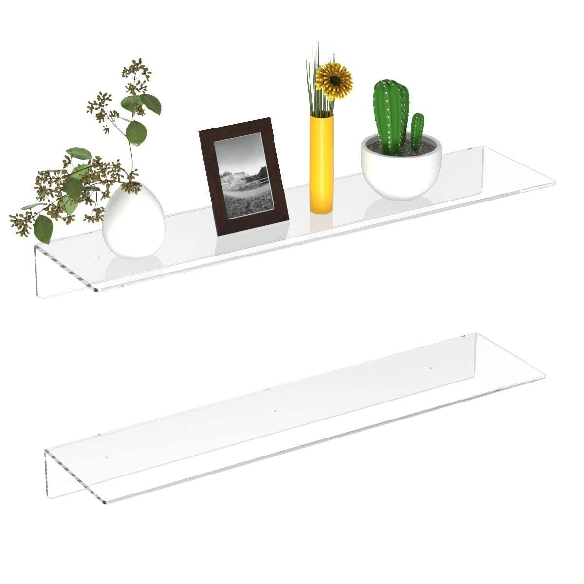 FEMELI 24-inch acrylic floating shelves for sturdy wall display of books and decor.
